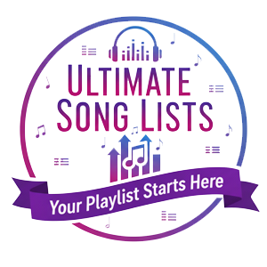 A circular logo with music notes, headphones, and the text “ULTIMATE SONG LISTS” above a purple ribbon that reads “Your Playlist Starts Here.”.